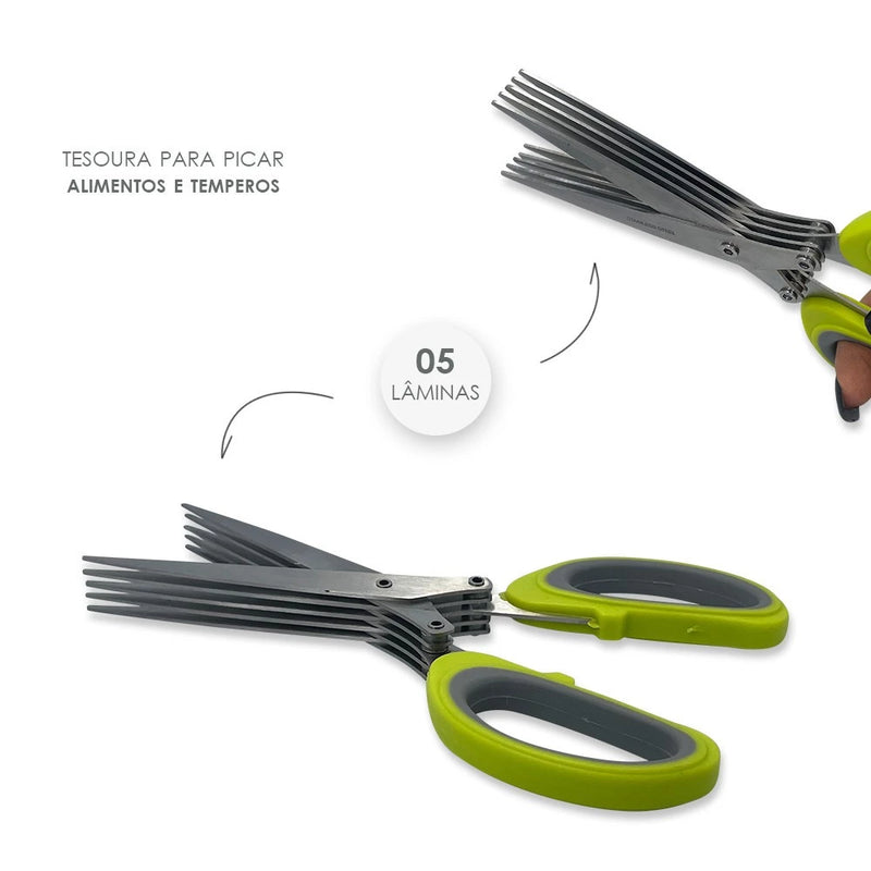 Tesoura para Picar Alimentos Temperos e Ervas 5 Lâminas Aço Inox salsinha