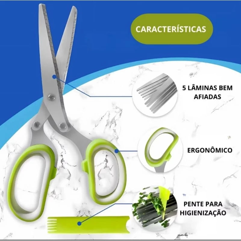 Tesoura para Picar Alimentos Temperos e Ervas 5 Lâminas Aço Inox salsinha