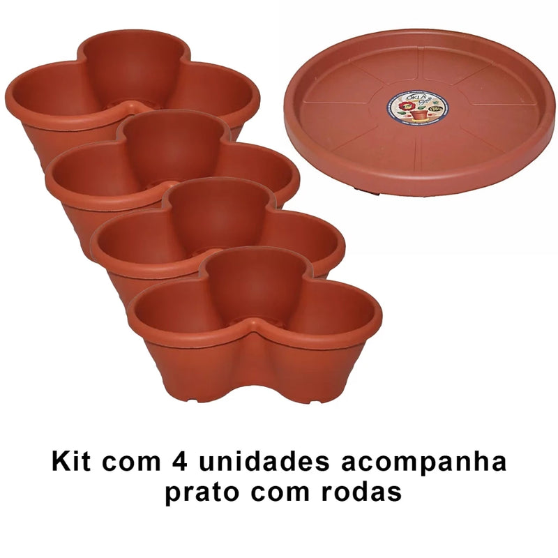 Kit 4 vasos Modulares Treviso Para Plantas com Prato Com Rodas