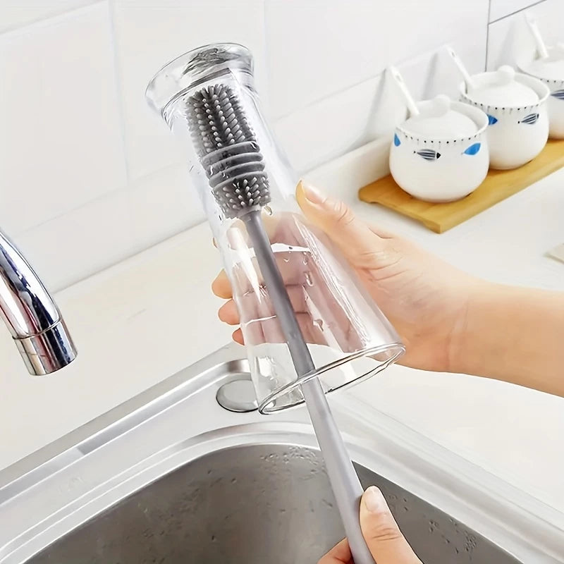 Escova para Lavagem de Copos e Garrafas de Leite em Silicone com Cabo Longo para Doméstico e Chá